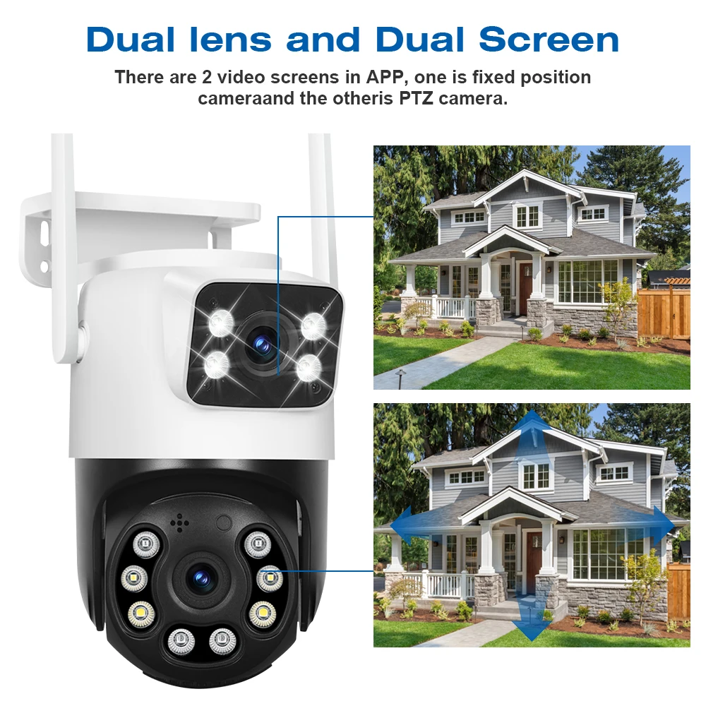 Dual Lens Wifi Camera Outdoor 4K 8MP PTZ Night Vision Dual Screen Human Detection 4MP Security Protection Surveillance IP Camera