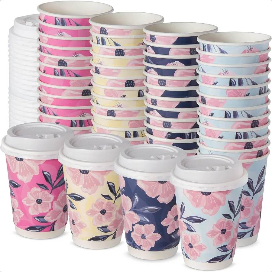 

48 Floral Paper Coffee Cups with Lids 12oz Cute Coffee Cups with Lids with 4 Different Color Flowes for Spring Pink Blue Yello