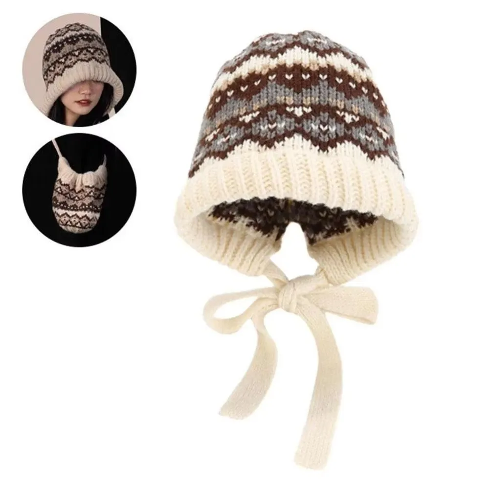 

Retro Striped Knitted Woolen Hat Thickened Ethnic Style Ear Flap Cap Windproof Cold-proof Strap Ear Protection Hat Winter
