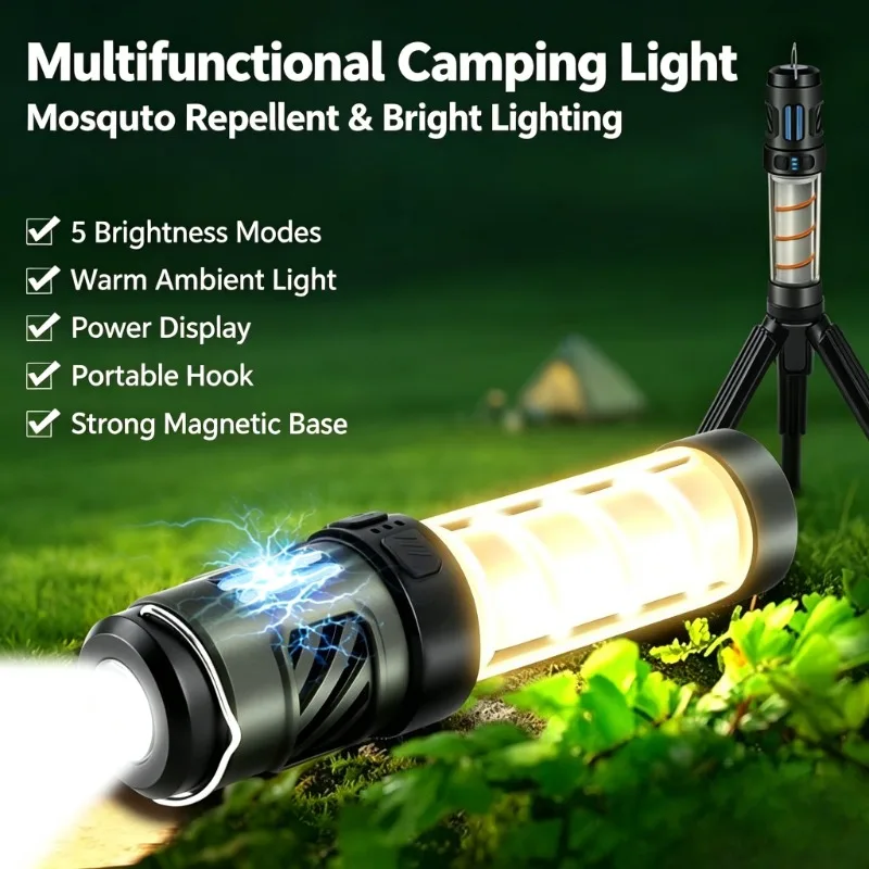 New Outdoor Camping Campsite Light Bright Mosquito Repeller Lamp Rechargeable IPX Waterproof Strong Magnetic Hook Green