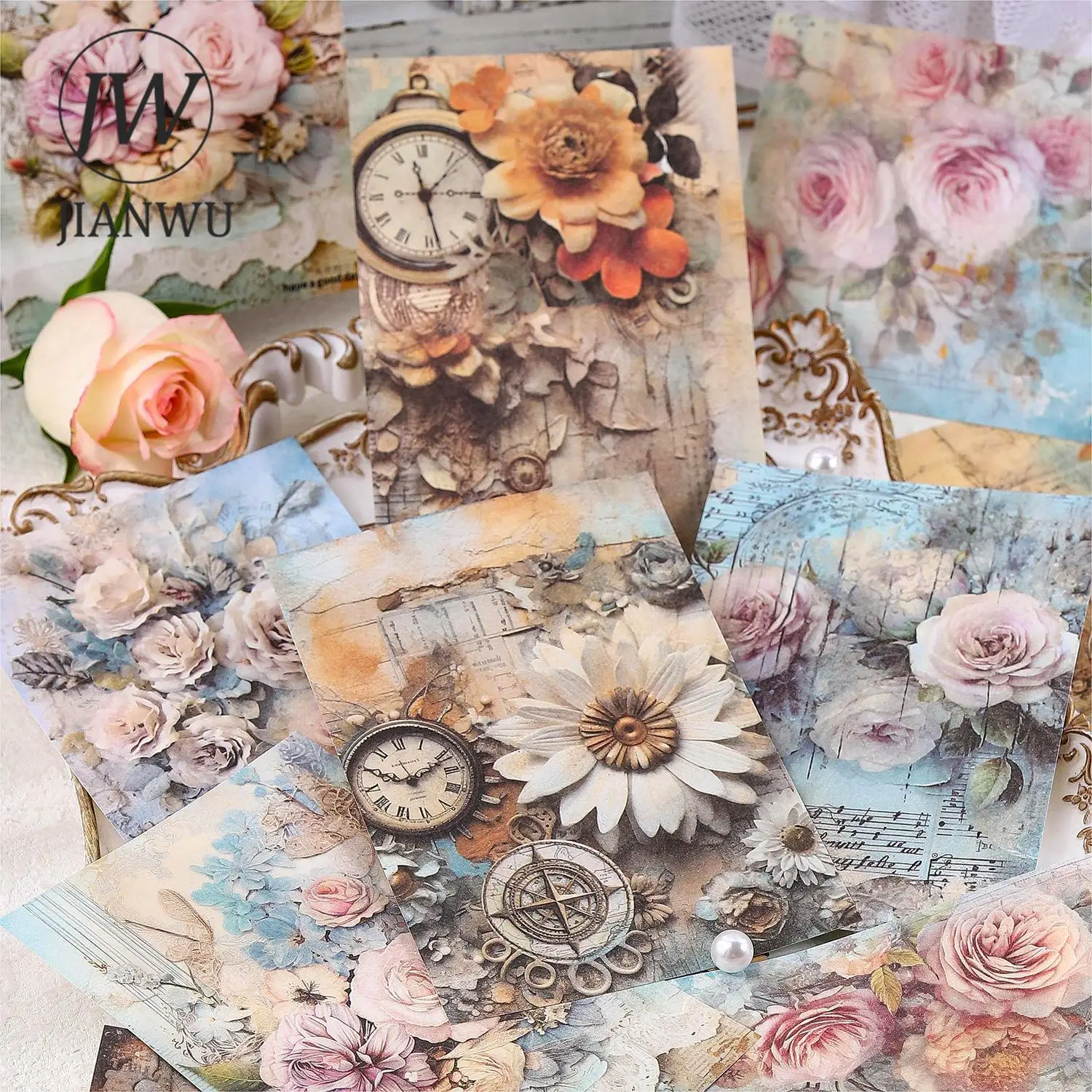 JIANWU 30 Sheets Dream Building Flower Series Vintage Lace Decor Material Paper Creative DIY Junk Journal Collage Stationery