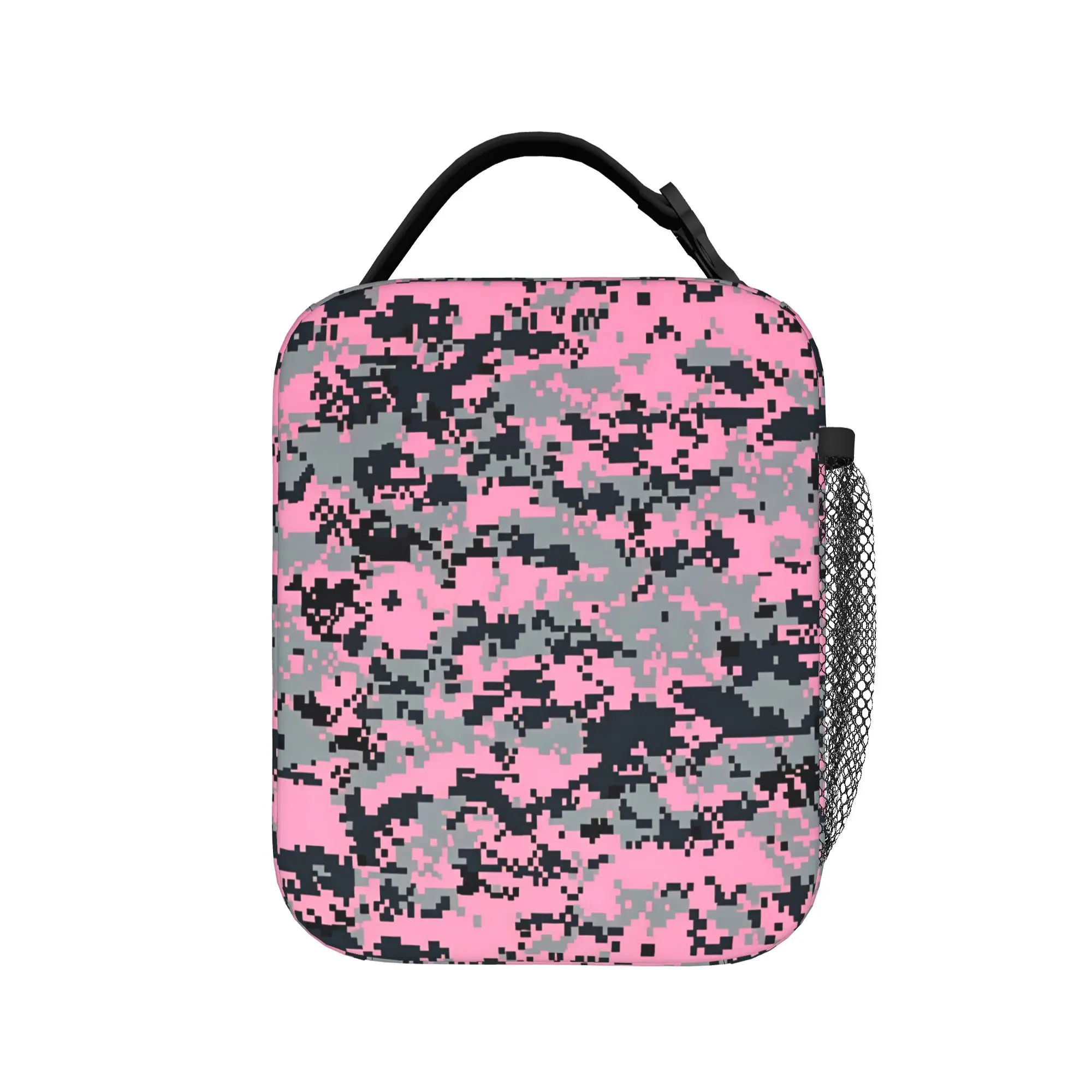 Pink Digital Pixel Camo Lunch Bag For Unisex  Print Office Lunch Box Cute Portable Oxford Cooler Bag