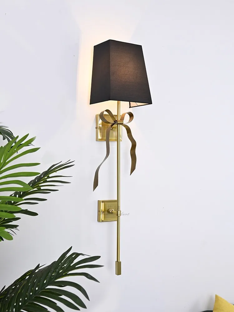 

LED Foyer Copper Bow Crystal Wall Light with Beige/Black Lampshade for Living Room Bedroom Hotel Gold Ribbon Wall Sconce Fixture