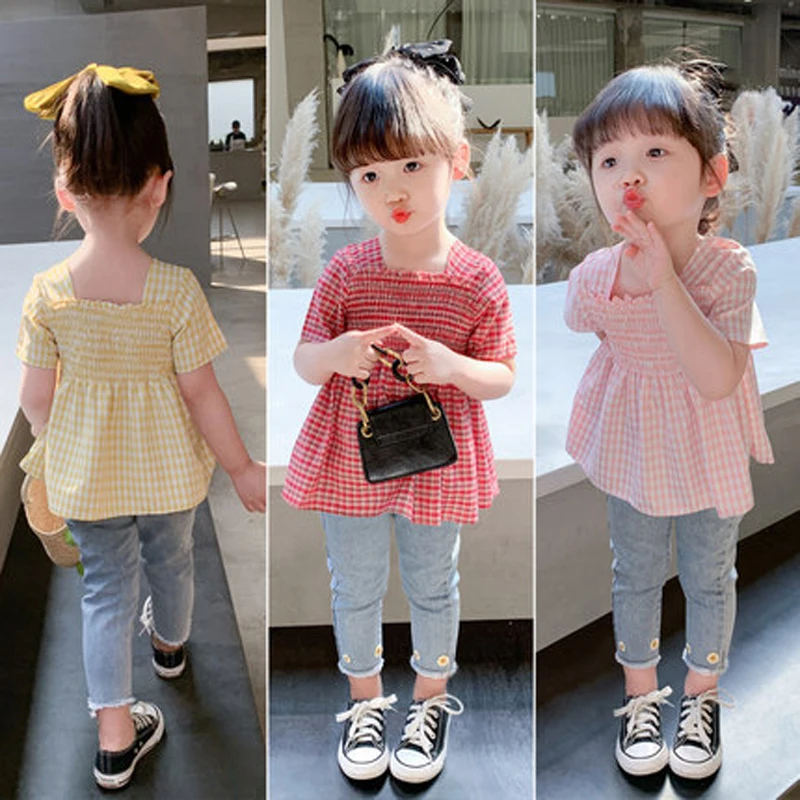 Summer Girls' Clothing Sets Cute Baby Elastic Plaid Shirt Top +Denim Nine-Point Jeans Pants Baby Kids Outfit Children Clothes