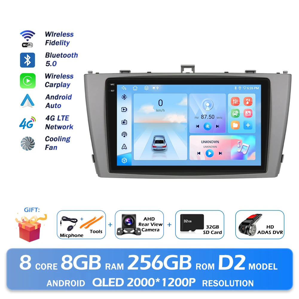 Android 16 QLED 2000*1200 P Voor Toyota Avensis T27 2008-2015 GPS Navigatie Multimedia Speler Auto draadloze CarPlay WIFI 4G