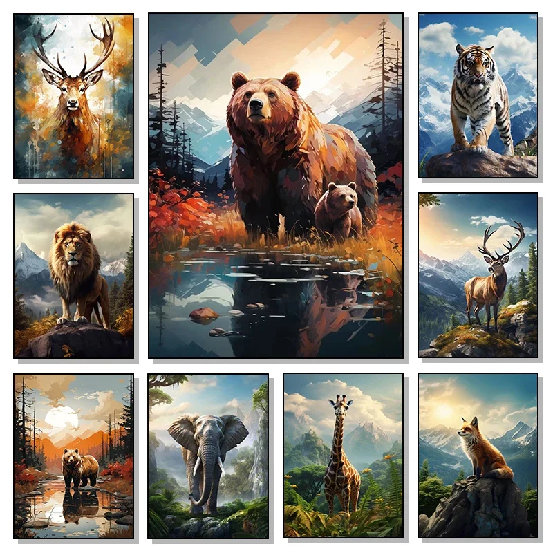 Tiger Giraffe Wolf Deer Bear Panda Eagle Sky Mountains Poster Canvas Painting And Prints Animal for Living Room Gamer Home De