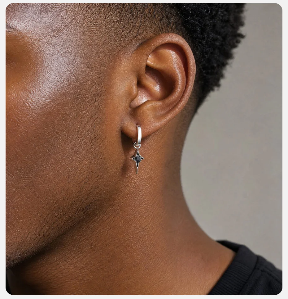 Vnox Herren-Creolen, Kupfer 4-zackiger Stern-Ohrhänger mit schwarzem Zirkon, Punk-Ohrschmuck für den Alltag, Partygeschenk, Neu – Detail 3