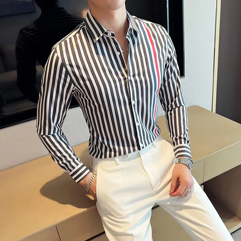 British Style Long Sleeved Striped Shirt Mens New Slim Fit Casual Dress Shirt Streetwear Social Party Clothing Plus Size 4XL-M