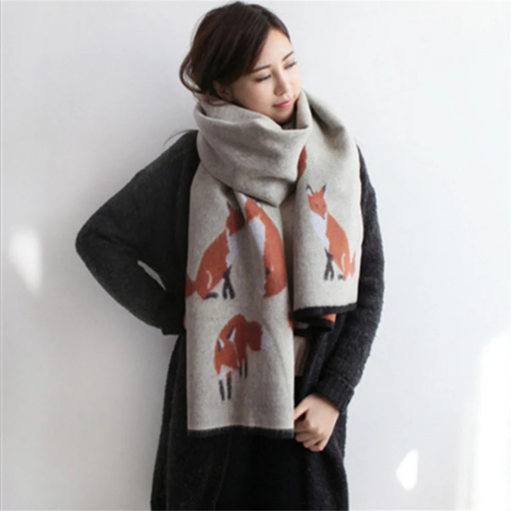 

Winter Women Faux Cashmere Scarf Fashion Thicken Warm Pashmina Cape Fox Pattern Printed Long Shawl Ladies Muffler