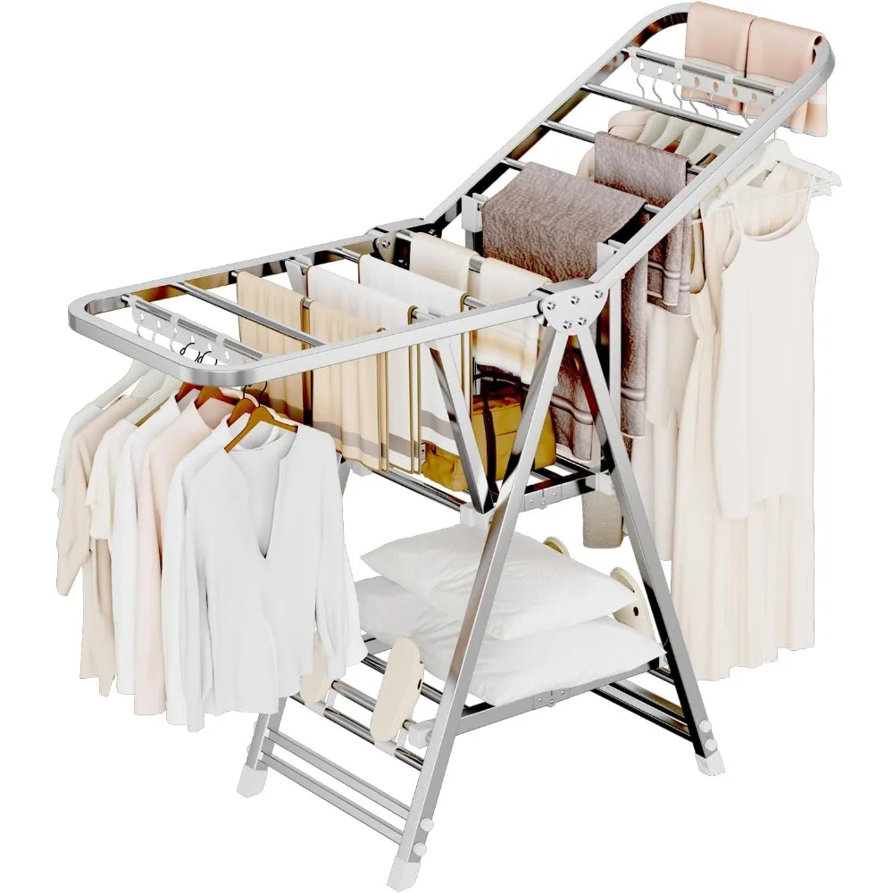 

Clothes Drying Rack,Stainless Steel Foldable Laundry Drying Rack with Height Adjustable Wings,Clothes Rack with Shoe Rack,