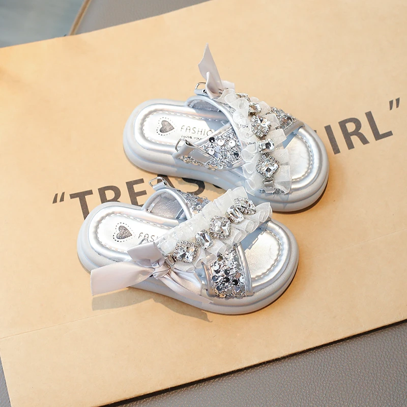 Kids'Casual Shoes Fashion Sandals PU Leather Crystal Sequin Summer Shoes For Girls Breathable Silver Shoes Size 26-37