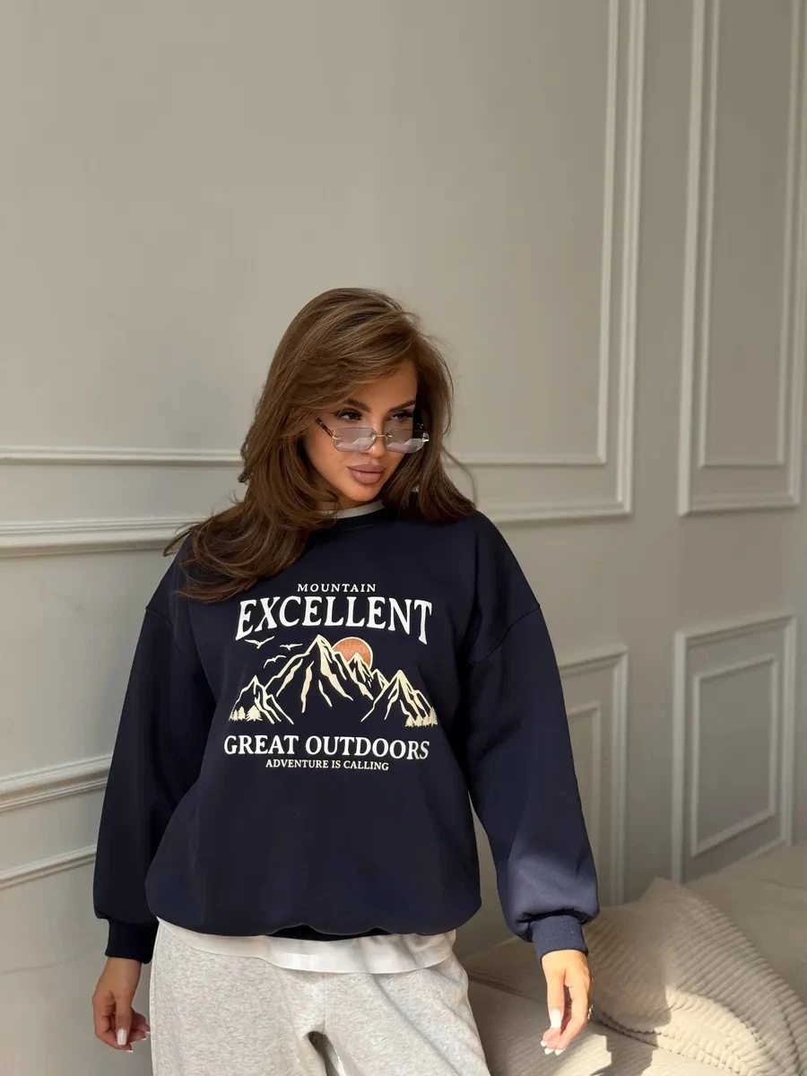 Faionable Casual Loose Printed Top Sweatirt Letter Pattern All-Match Long Sve round Ne Commute Sle Women's irt