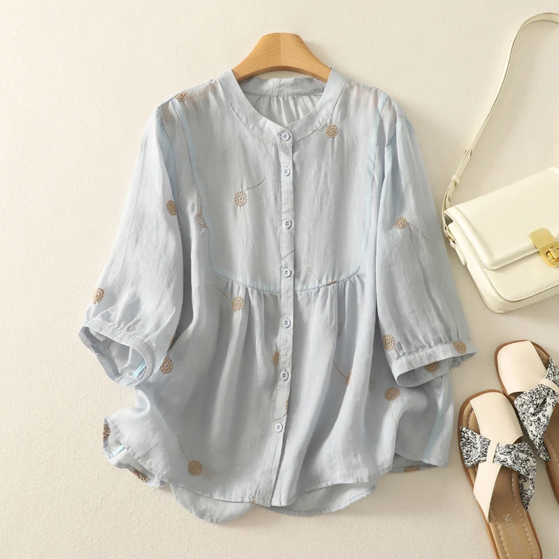 

Low Price Embroidered Pure Color Stand Collar Casual Thin irt Women's Summer New Loose Fit Open Cardigan Sle Regular Sve