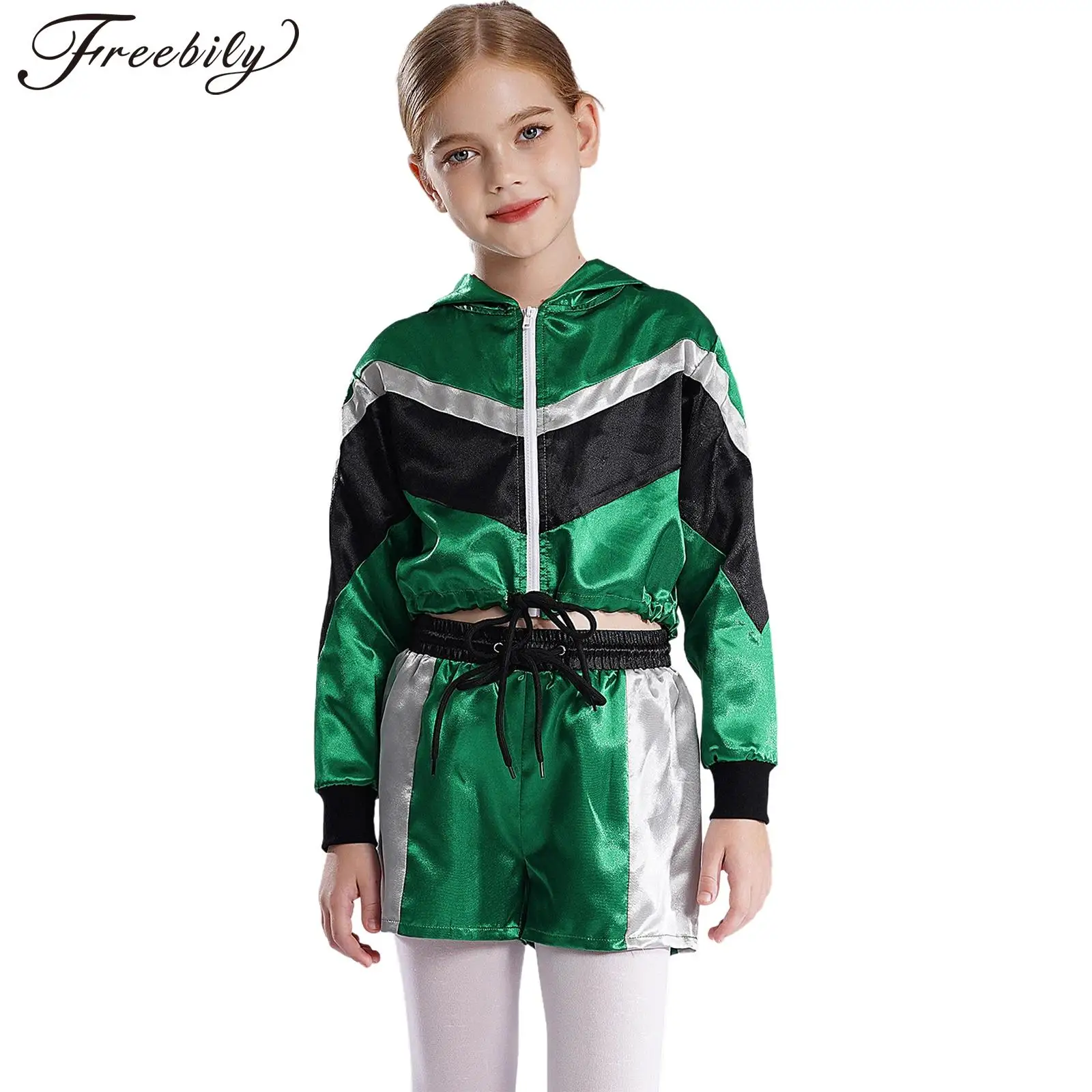 

Kids Girls Jazz Hip-hop Street Dace Costumes Color Block Zipper Hoodie Jacket and Elastic Waist Drawstring Shorts Tracksuit