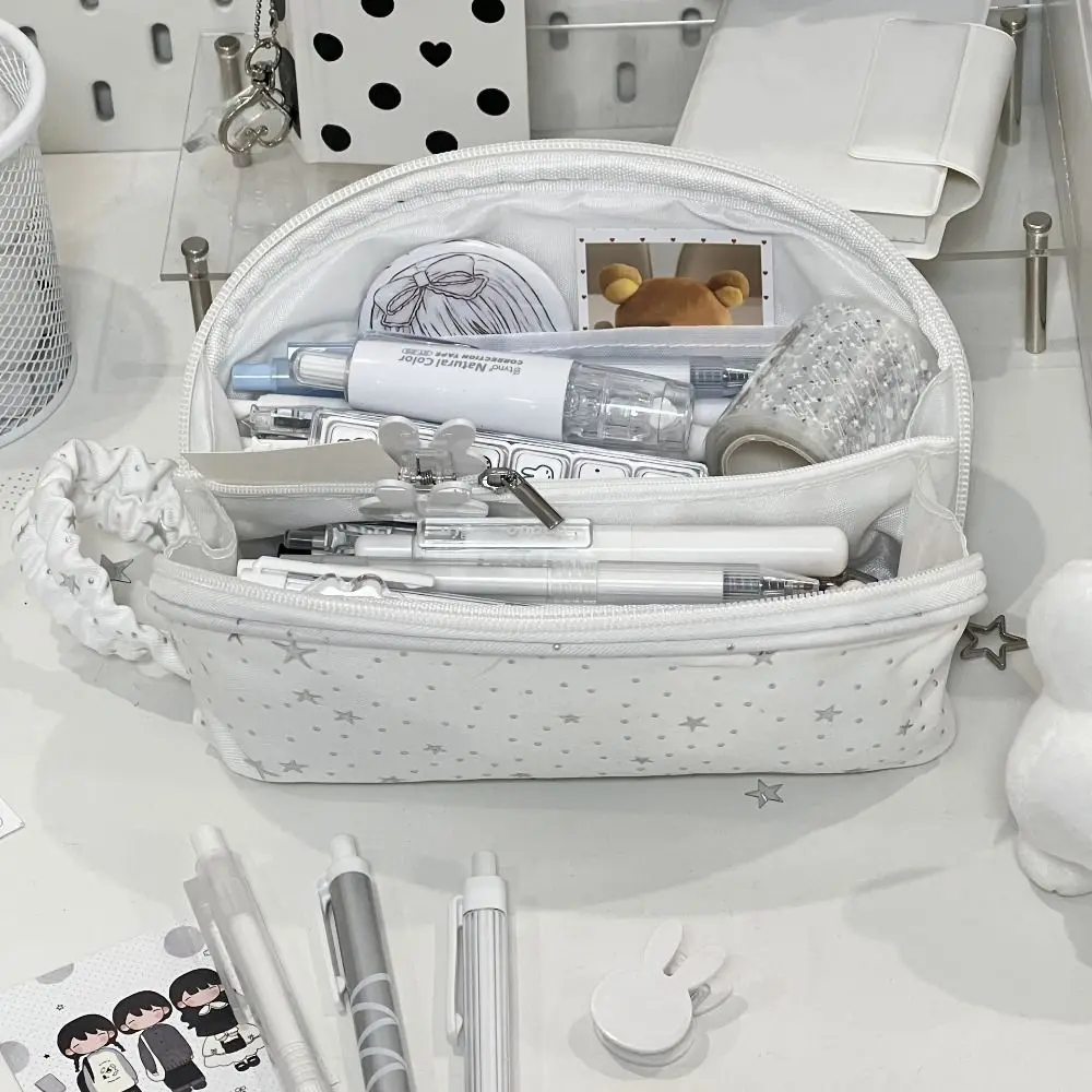 Cute White Pencil Case Star Print Shell-shape Pen Bag Large Capacity With Handle Stationery Bag School Office