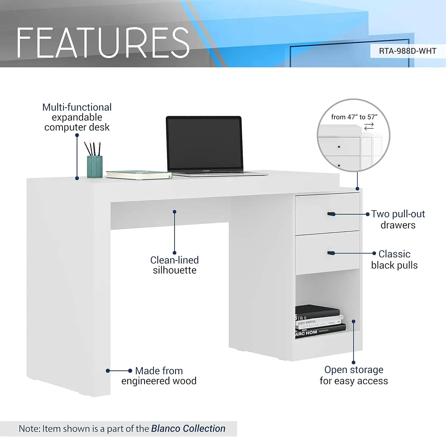 Techni Mobili Expandable Desk With Storage Drawers & Open Shelf - Expands From 47 Inch To 57 Inch - White Computer Desk With