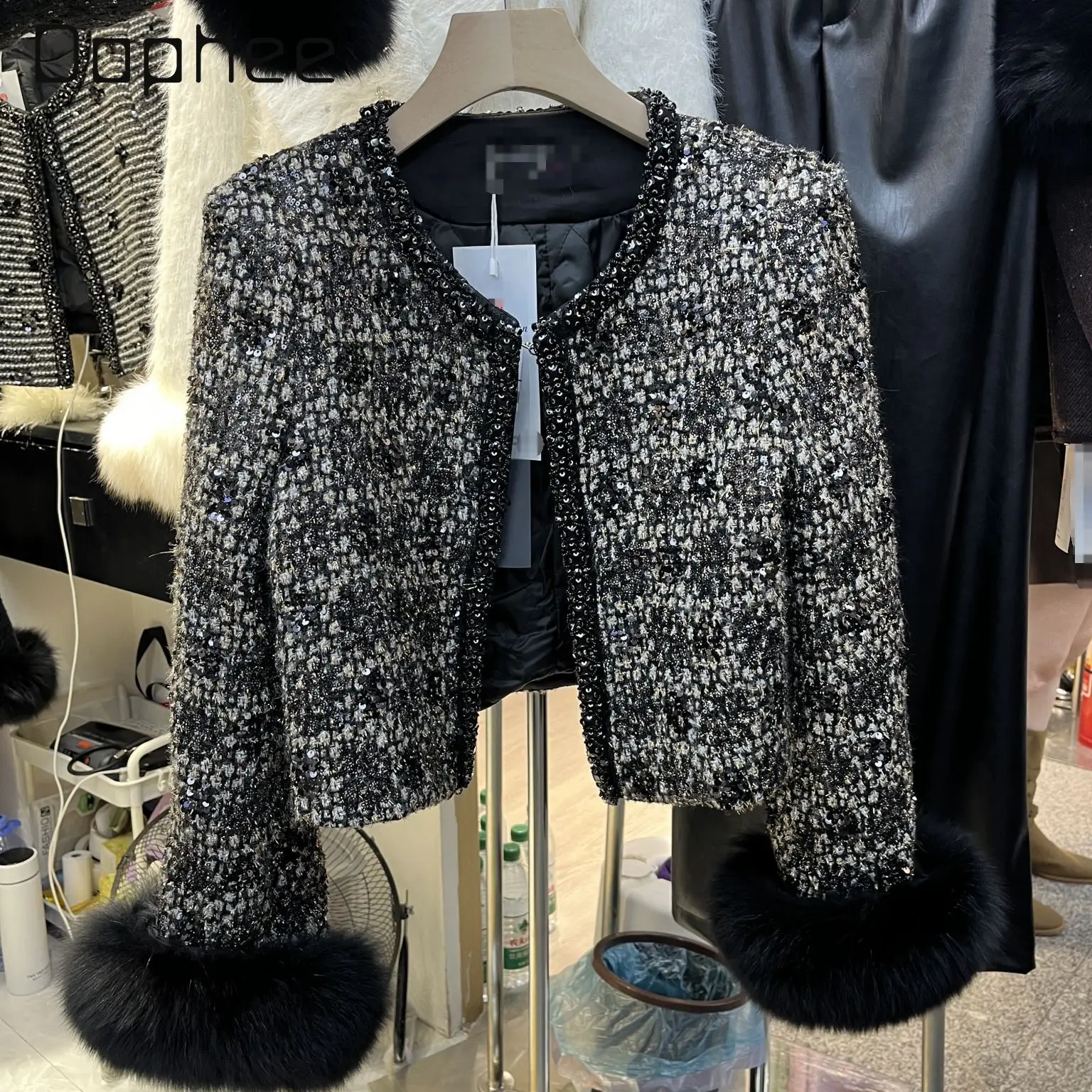 

High-end Light Luxury Beaded Shiny Silk Woven Sequin Tweed Coat Elegant Hepburn Style Plush Long Sleeve Thickened Coat Women