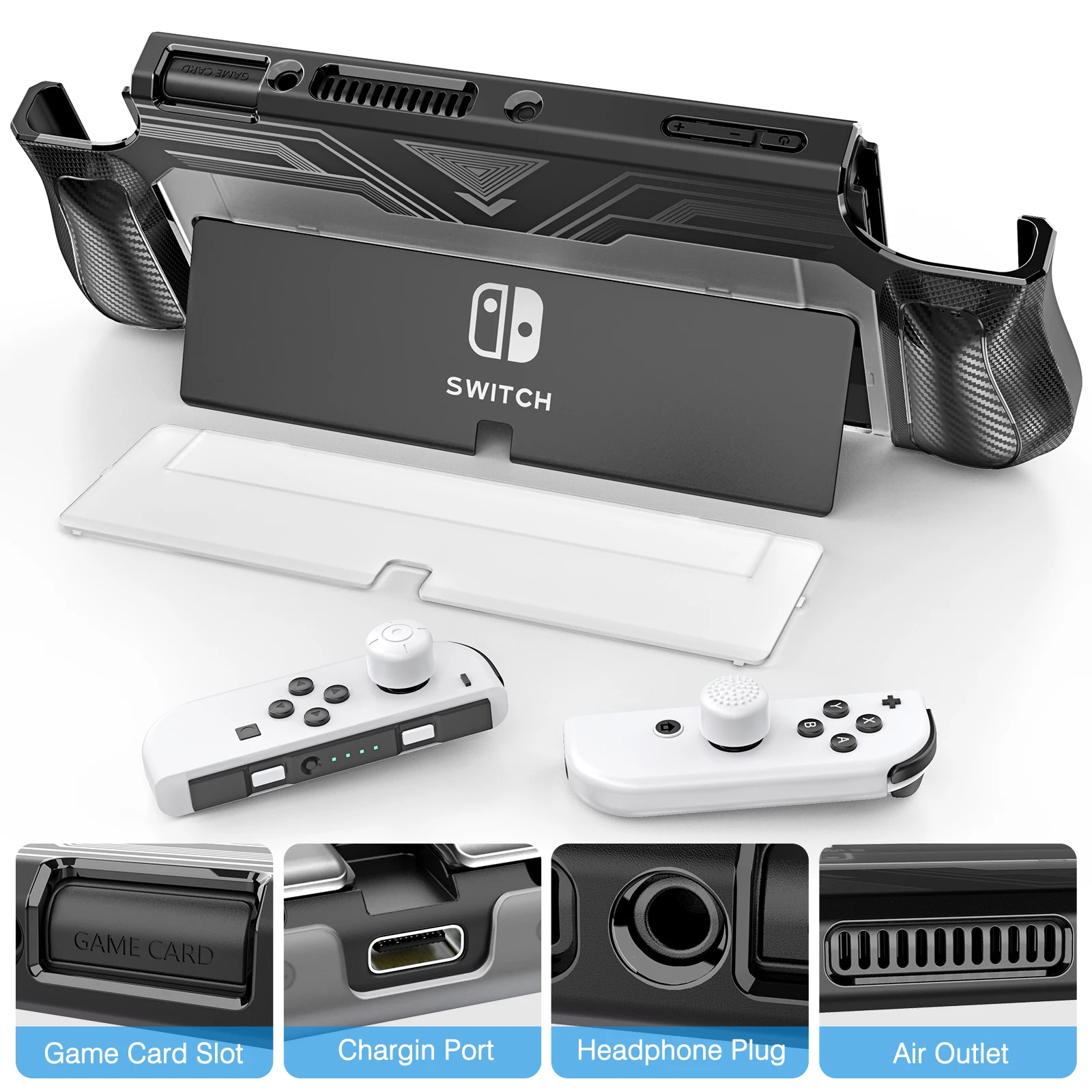 Heystop switch oled caso dockable compatível com nintendo switch oled modelo 2021, com slots de cartão de jogo e 6 pcs polegar apertos