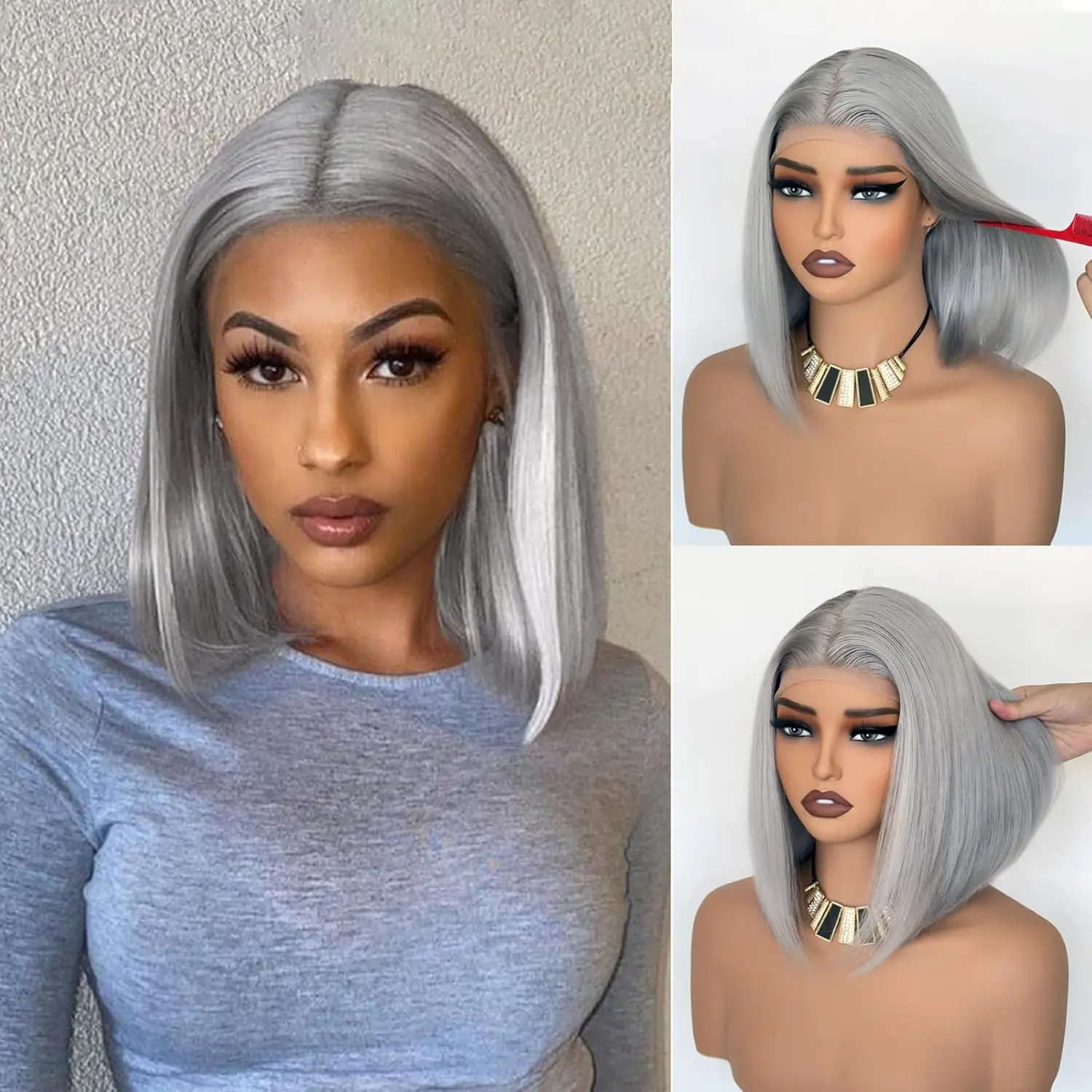 

Silver Gray Bob 13x4 Lace Front Wig Virgin Human Hair Pre Plucked With Baby Hair Double Drawn Bob Wig 10--16inch 180% Density