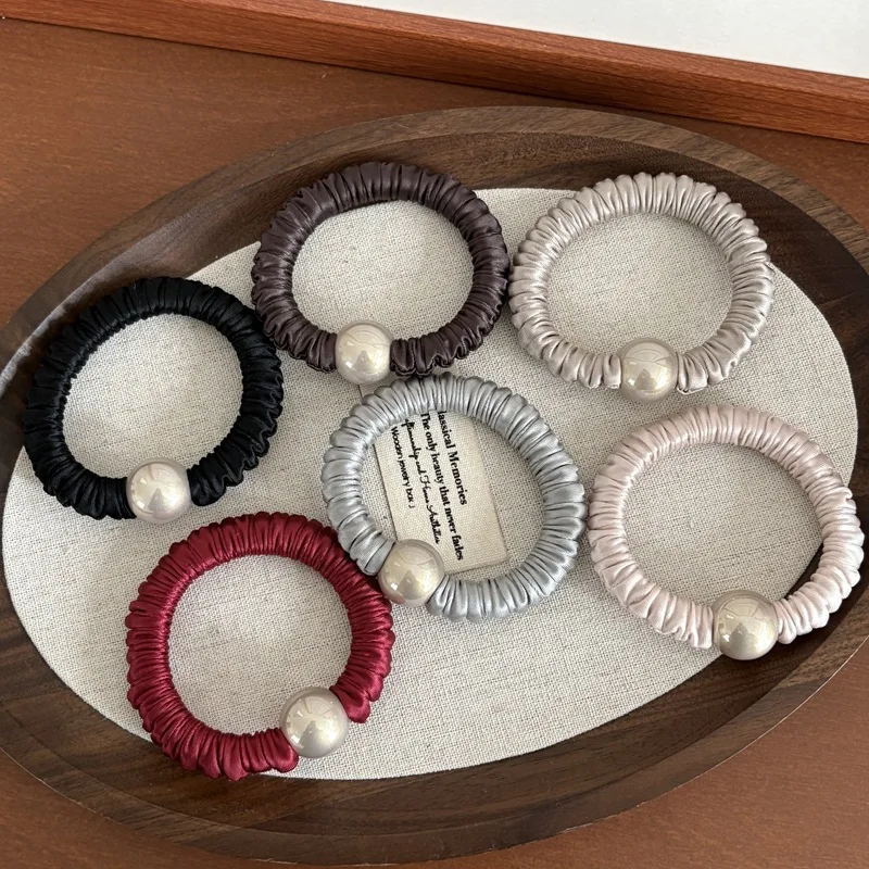Korea Fashion Pearl Silk Hair Scrunchie For Women Elastic Silk Hair Tie Girls Red Hair Rubber Bands ponytail holder Hair rope