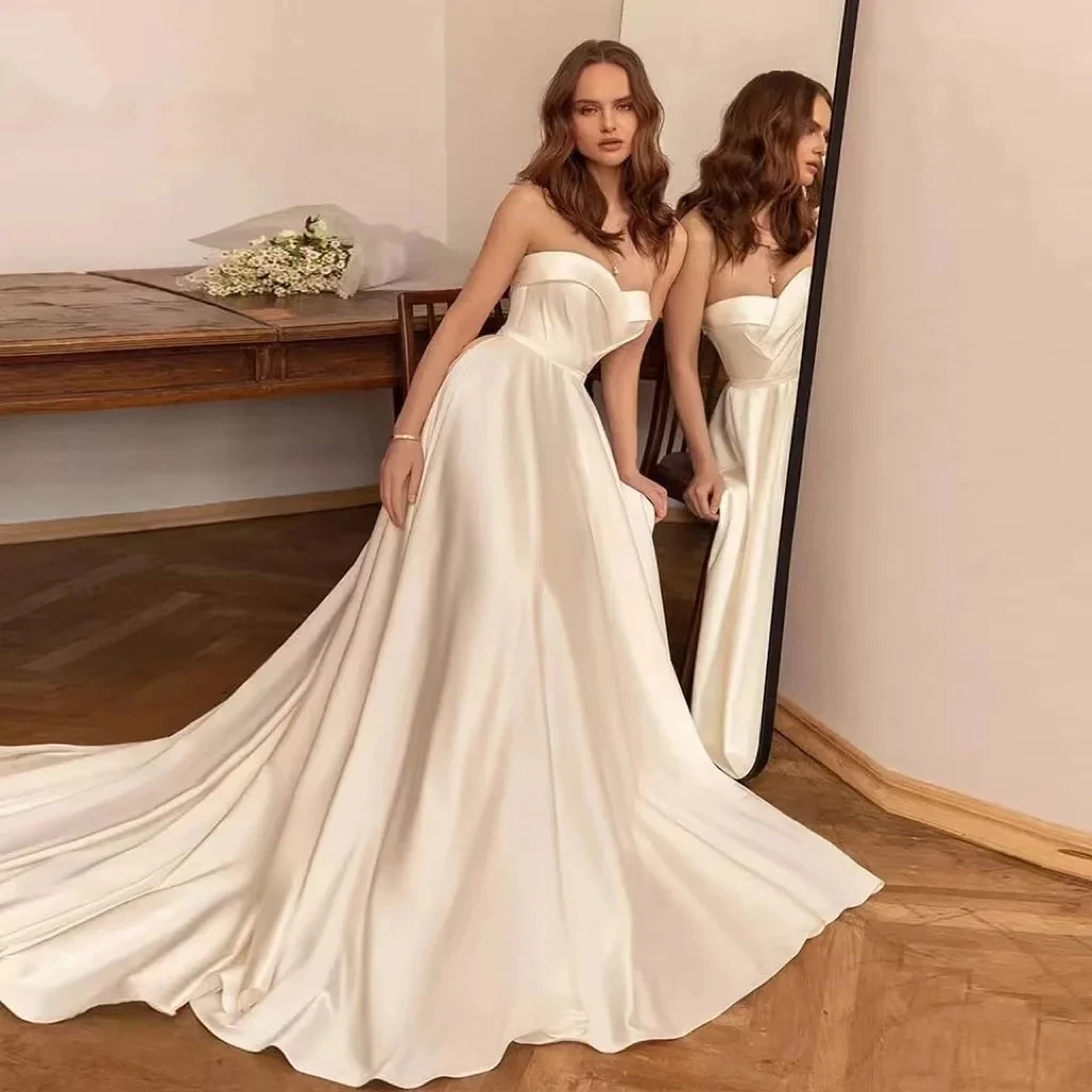 Abiti da sposa in raso a-line per le donne 2024 abiti da sposa Sexy senza maniche abiti senza spalline 2023 abiti di lusso De Novia