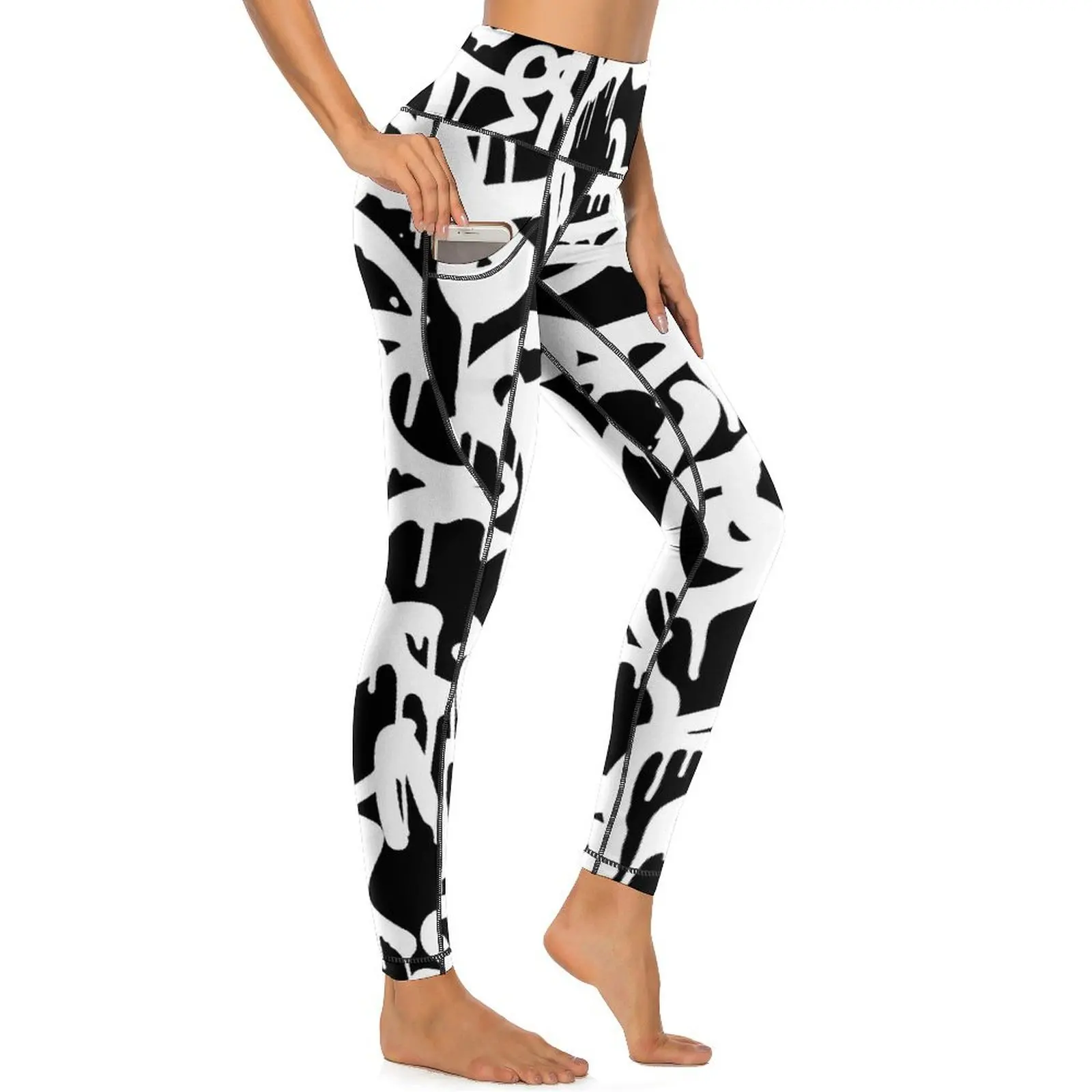 

Black And White Graffiti Yoga Pants Abstract Art Leggings Sexy Push Up Kawaii Yoga Sports Tights Quick-Dry Workout Leggins