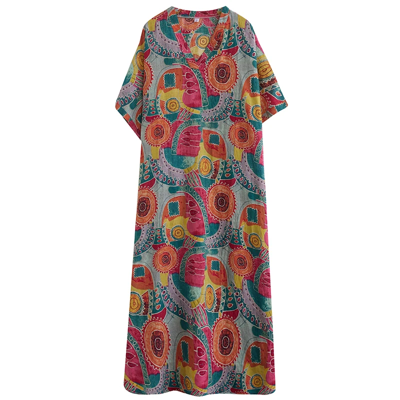 Extra grande tamanho verão dr feminino solto vintage impressão v-ne férias saia longa mistura de algodão ort sve a-line dr