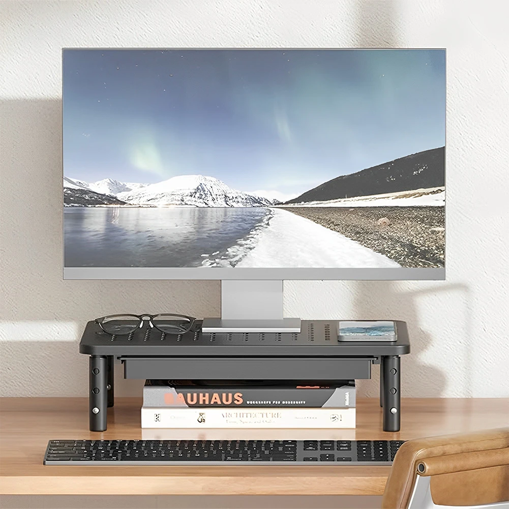 Monitorständer-Riser mit Schublade, Metall-Computerständer, 3, höhenverstellbarer Computer-Monitorständer für den Heim-Desktop