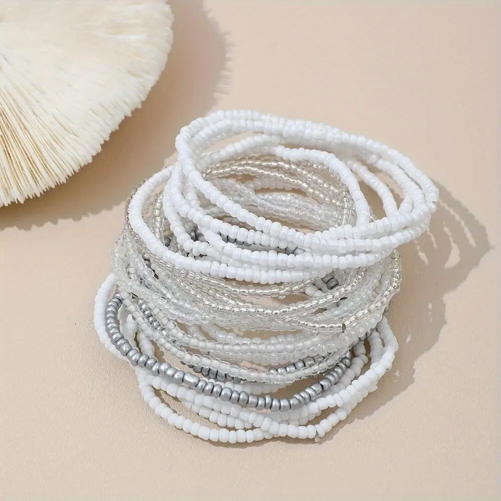 20Pcs Glass Imitation Pearl Seed Bead Bracelets, Multi-Layer Stackable Beaded Bracelet Set, Boho Vacation Stack Bracelets