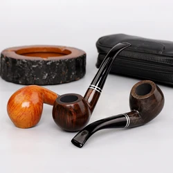 MUXIANG Handmade Briarwood Pipe Bent Stem Double Ring  Holder 9mm Filters Tobacco With Free Tools Set Smoking Accessories aa0456