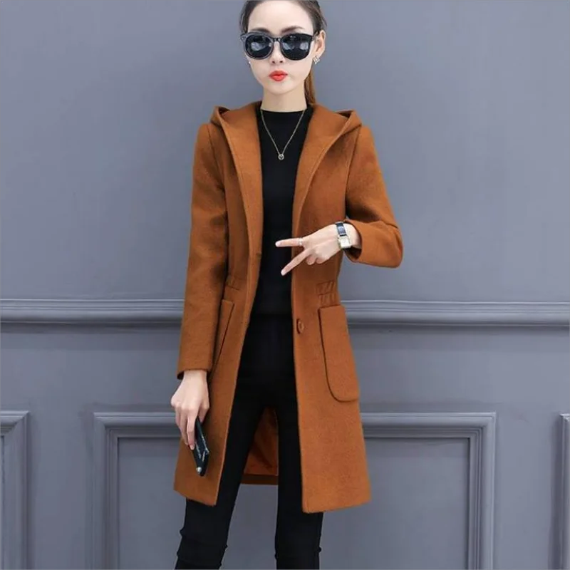 Women\'s hooded trench coat New autumn winter 2023 warm tweed jacket South Korea fashion elegant office ladies long coat