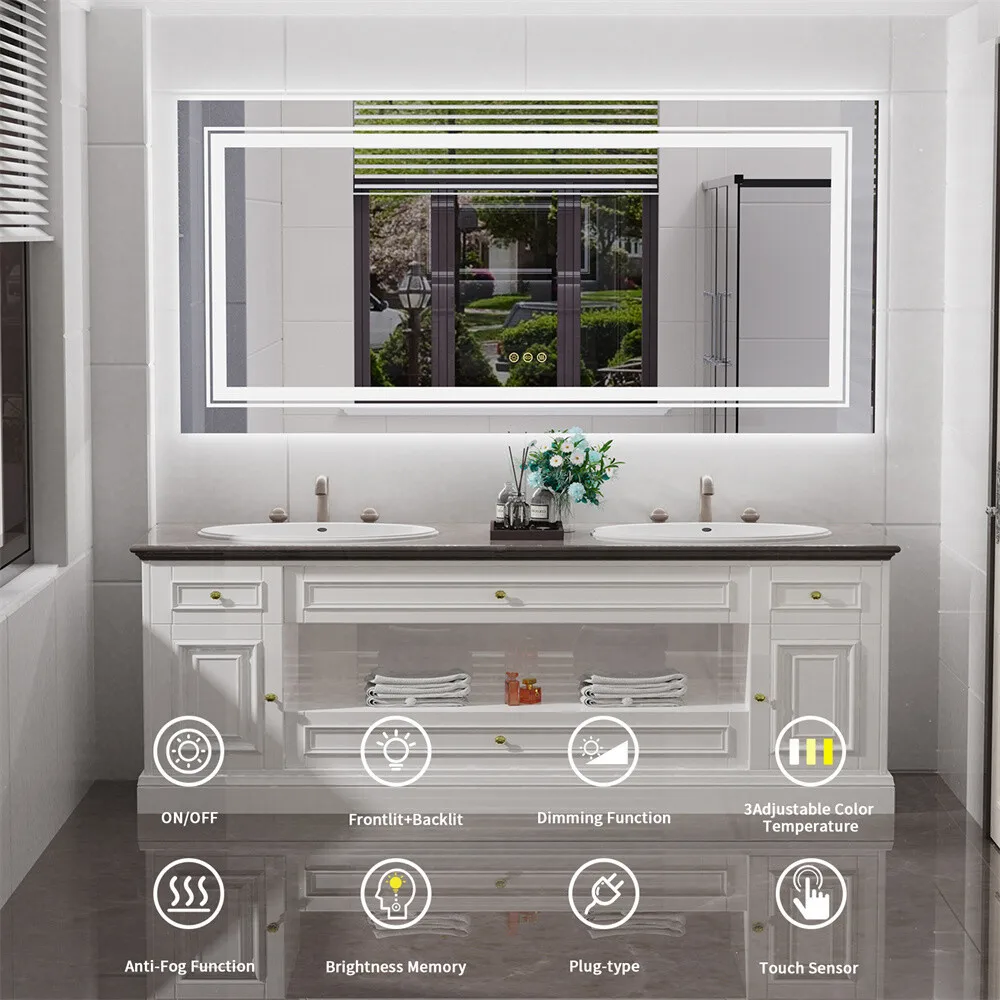 XXL LED Bathroom Mirror Rectangle Dressing mirror Anti-Fog Vanity Mirror with 3-Color Light, Memory Function, 3-Button Switch
