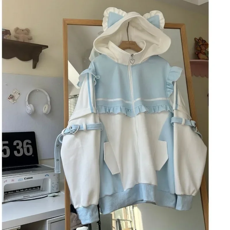 

Японская милая толстовка большого размера с кошачьими ушками, дизайнерская женская одежда с рюшами, кавайная одежда, осенние новые толстовки с длинными рукавами для субкультуры