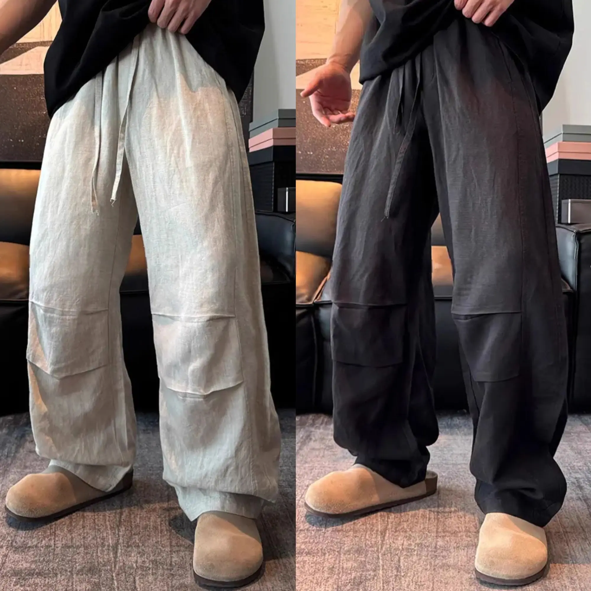 

Extra Large Size Men's Summer Faion Loose Wide Leg Pants Casual Trousers Lightweight Lenzing Linen Curved Blade Design