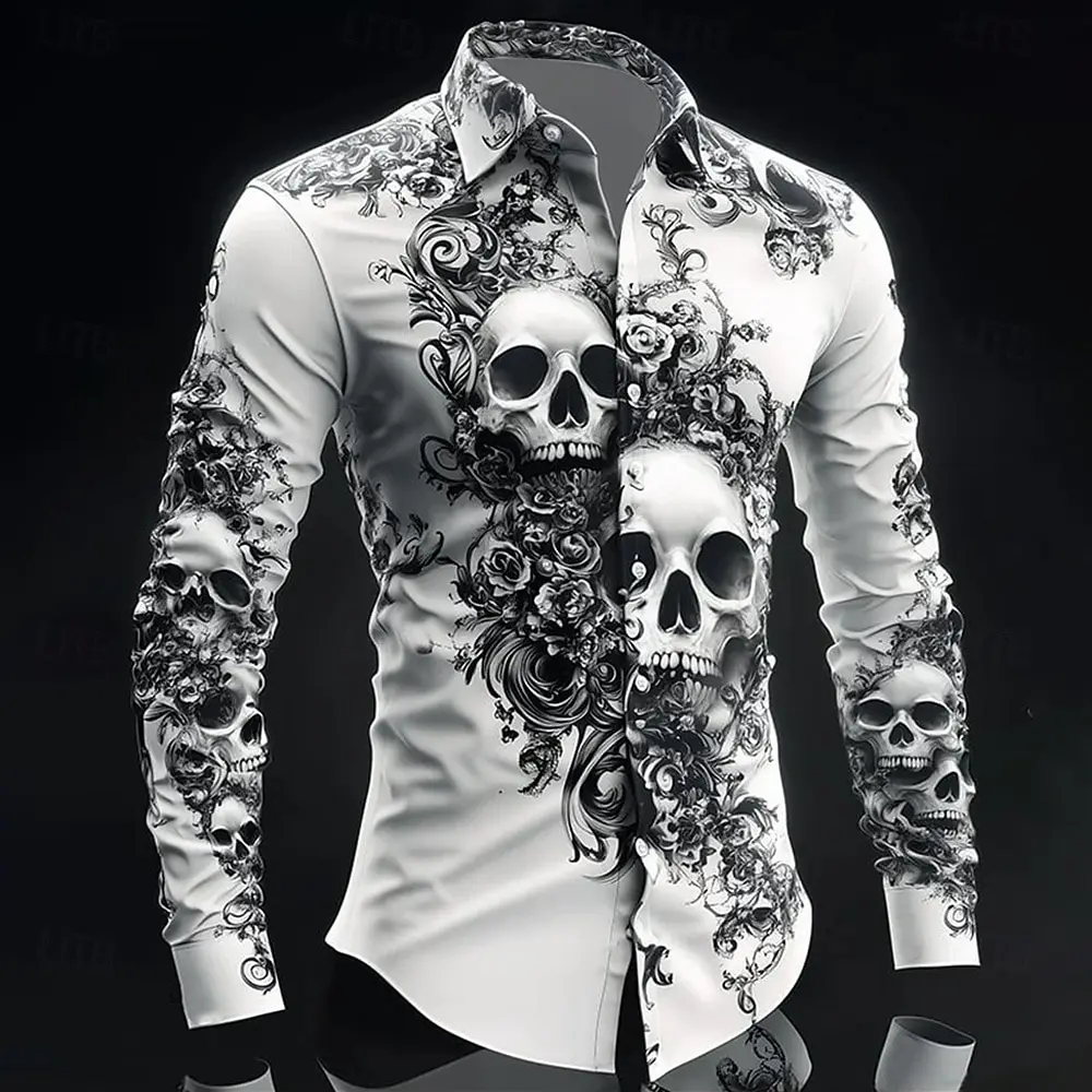 New Men's Baroque Halloween Full Sleeve Shirt Flower Skull 3D Print Shirt Men/Women Fashion White Shirts European American Style