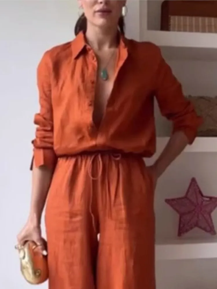 

Fashion Lapel Long Sleeve Single-breasted Shirt Top + Wide-leg Pants 2-piece Set For Women Elegant Solid Color Loose Suit Female