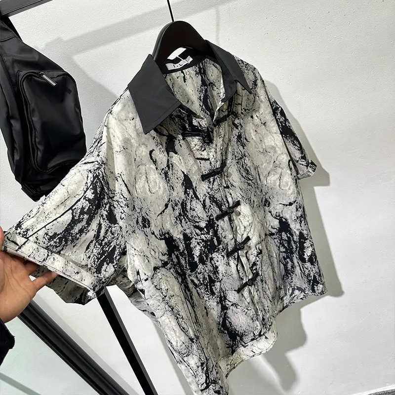 Designer Design Sense Avant-Garde Tie-Dyed Loose Short Sleeve Shirt Men's Summer Retro Ice Silk Non-Ironing Cool