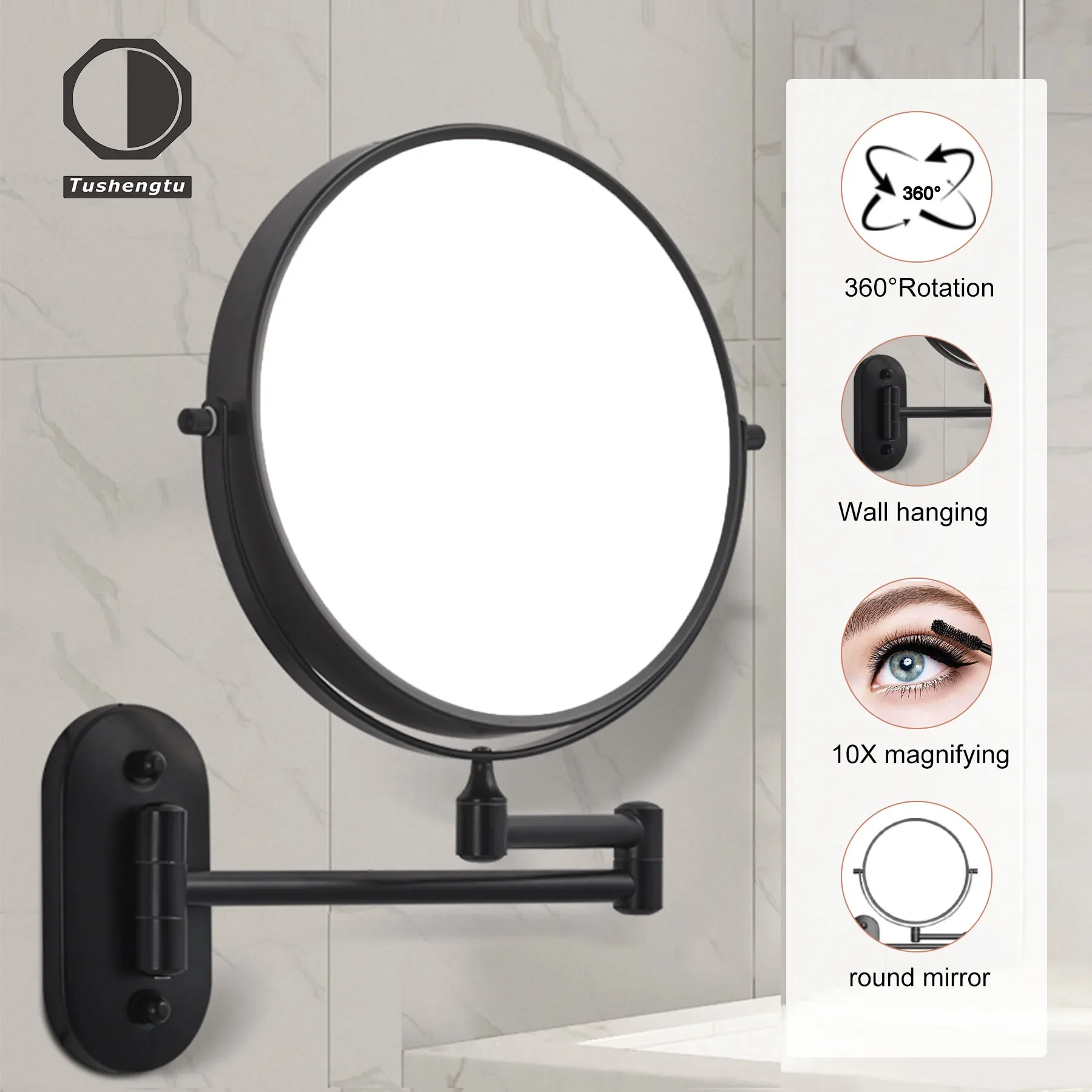 TUSHENGTU Espelho de maquiagem preto giratório 360 de 8 polegadas montado na parede 10x ampliação dupla face vaidade espelho de banheiro barbear