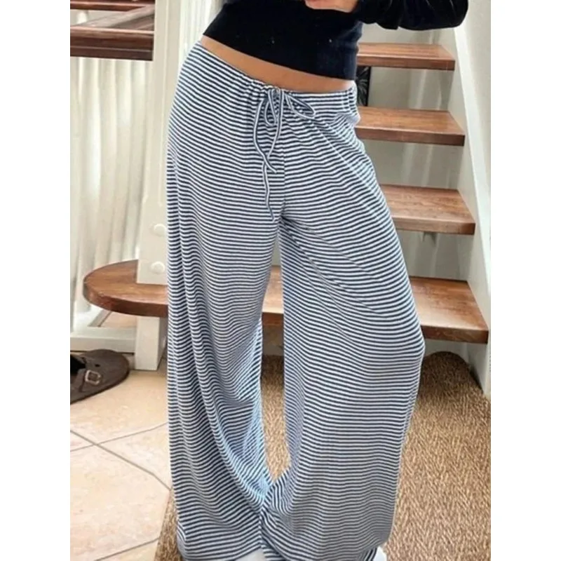 Damskie spodnie plus size, luźne, w paski, basic, ze sznurkiem, z średnim stanem, szerokie nogawki, moda damska streetwear