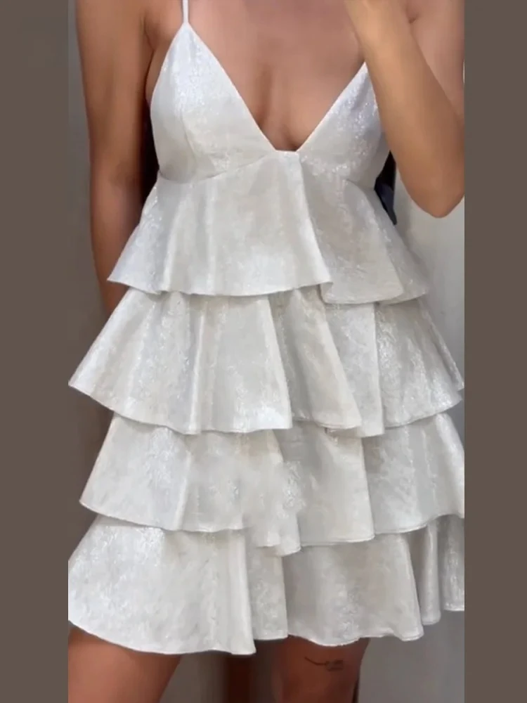 섹시한 캐스케이딩 러플 숏 슬링 드레스 여성용 브이넥 민소매 백리스 케이크 드레스 여름 여성용 글리터 파티 프롬 가운