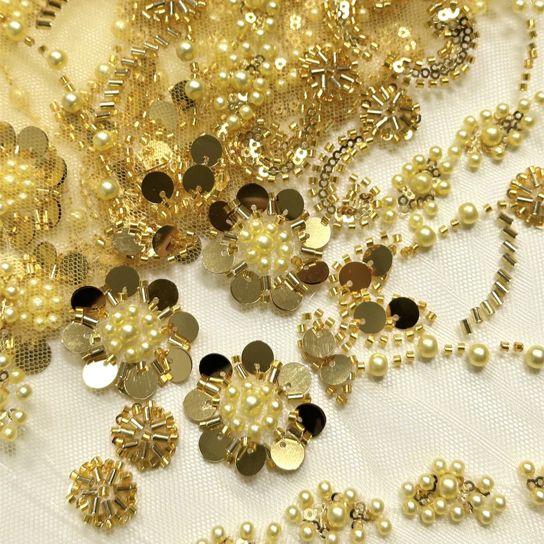 

5 yards Gold High-quality African Elegant Embroidered Beaded Fabric French Tulle Lace Fabric Sequin For Sewing Party Wedding