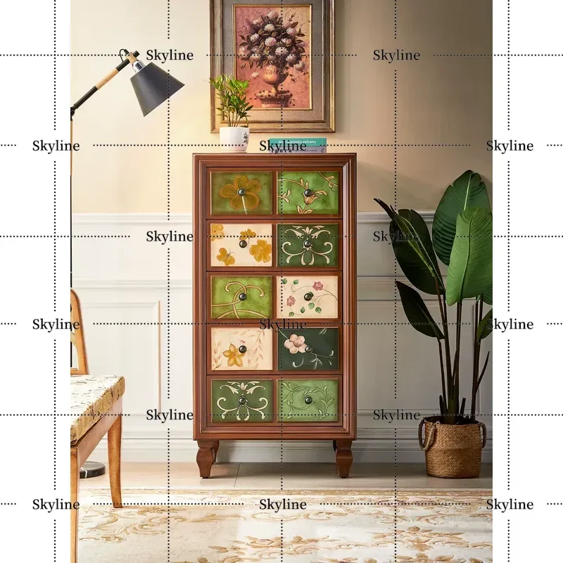 for American Retro Painted Chest Cabinet Living Room Entrance Decorative Cabinet Bedroom Small Apartment Storage Wall Side