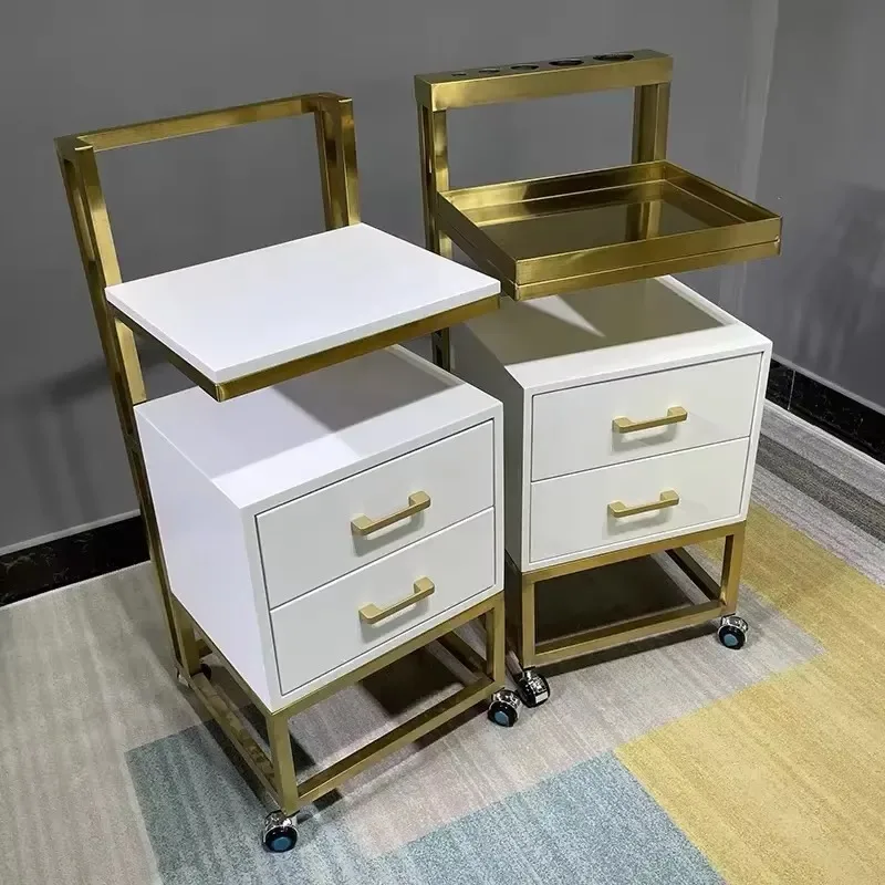 Salon Shop Professional Moving Beauty Trolley Modern White MDF Gold Stainless Metal Style Salon Furniture Hand Carts Home Office