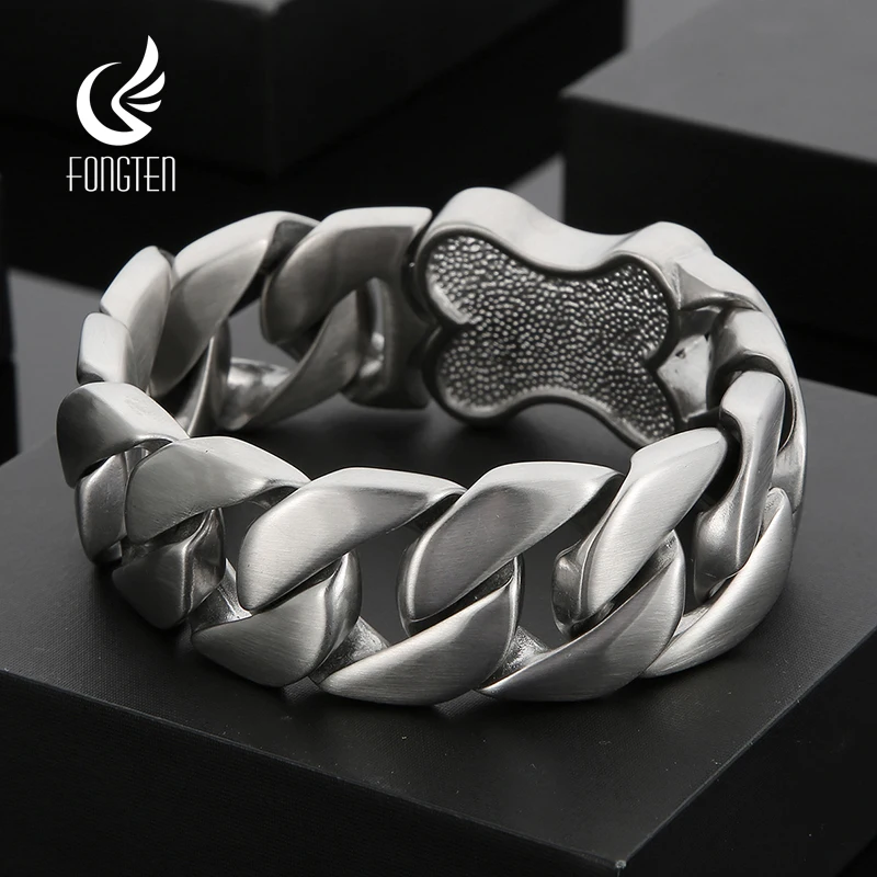 

Fongten 31mm Men's Heavy Bracelets Stainless Steel Cuban Chain Brushed Shiny Chunky Bracelet Bangle For Men Silver Color Jewelry