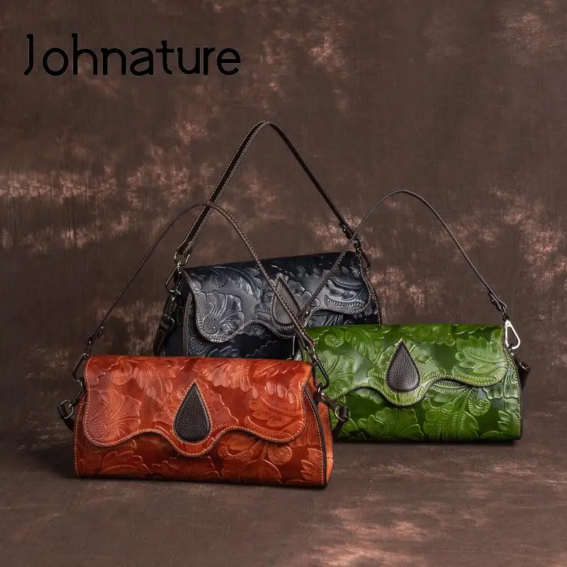 Johnature Exquisite Vintage Embossed Female Bag Genuine Leather Handmade Women Handbag Natural Cowhide Versatile Shoulder Bags