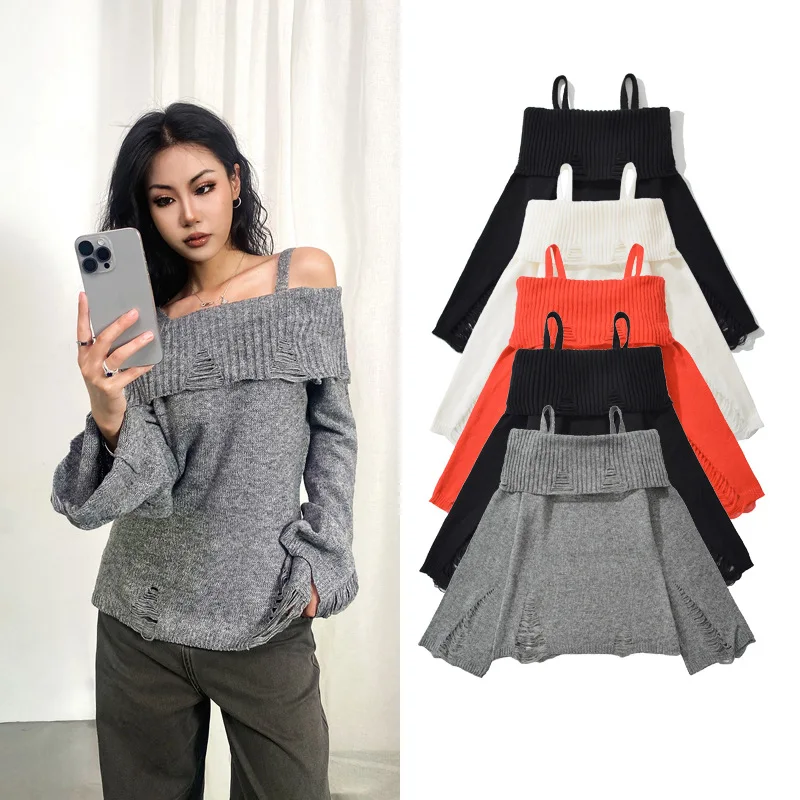 Elegant long sleeved camisole knitted sweater Off Shoulder Holes Long Sleeve Pollover Sweater Fashion Casual Chic Female Sweater