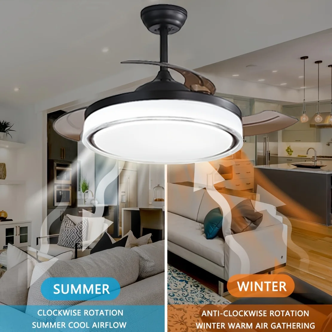 

42 Inch Retractable Ceiling Fans With Lights Remote Control, Fandelier Flush Mount Modern Ceiling Fan With Bladeless Ceiling Fan