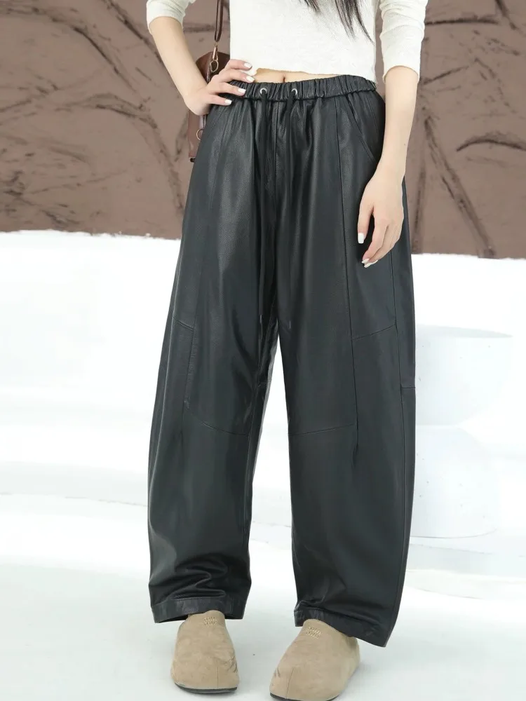 Streetwear Women Genuine Leather Pants Elasitc High Waist Solid Color Real Cowhide Harem Pants Loose Fit Hip Hop Casual Trousers