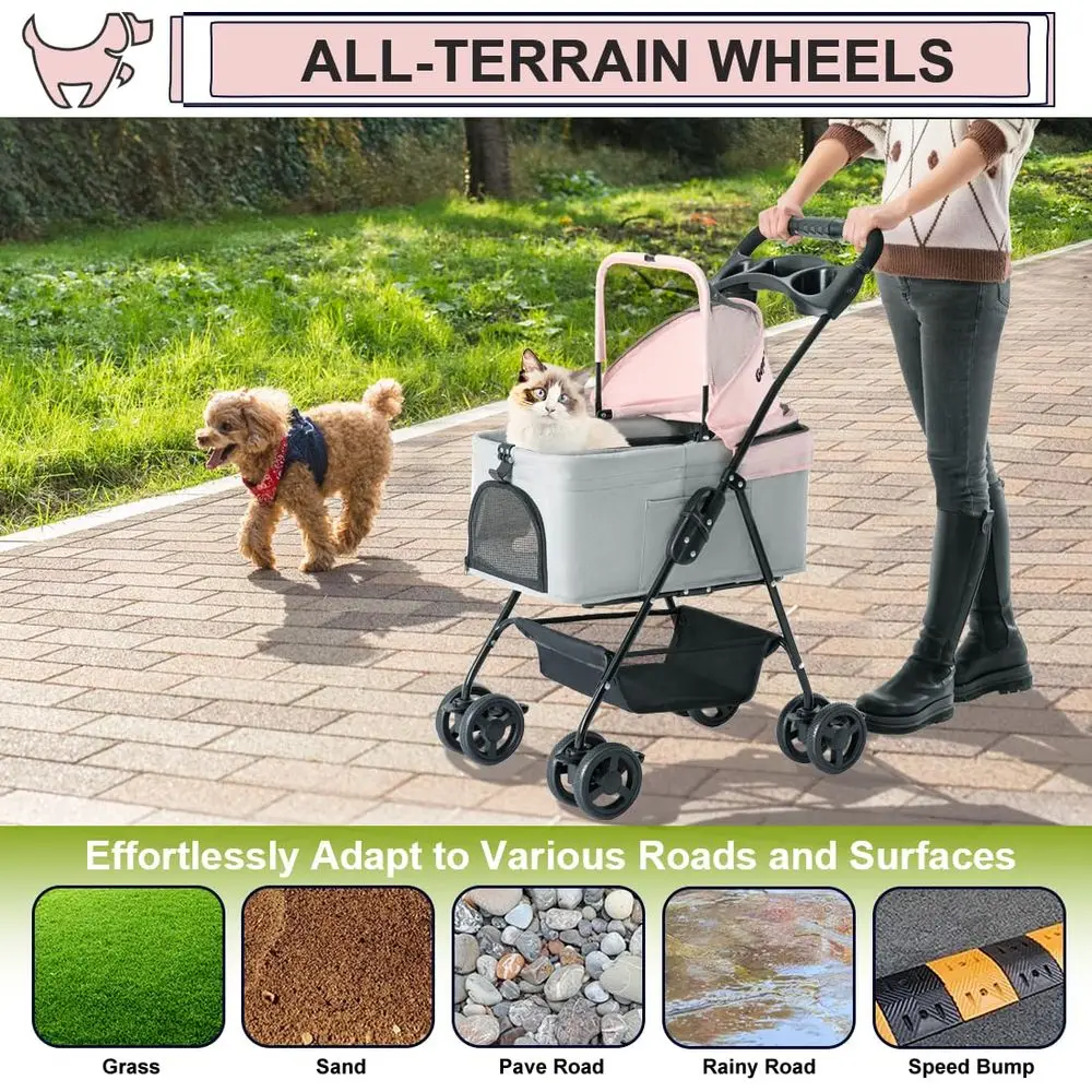 Carrinho de estimação para cães e gatos pequenos, carrinho de cachorro leve dobrável com transportador removível portátil gato filhote de cachorro jogging carrinho