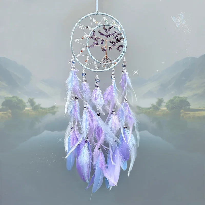 Dream Catcher Crystal Tree of Life Wind Chimes Nordic Hand-woven Feathers Bedroom Hanging Ornaments Wall Decor Festival Gifts